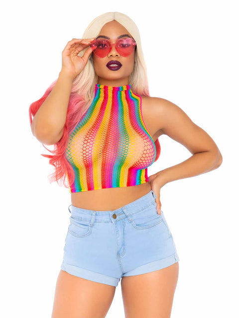 Rainbow net high neck crop top