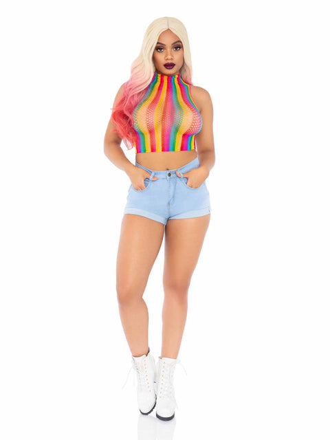 Rainbow net high neck crop top