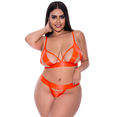 Strap Tease Bra & Crotchless Panty Set Orange