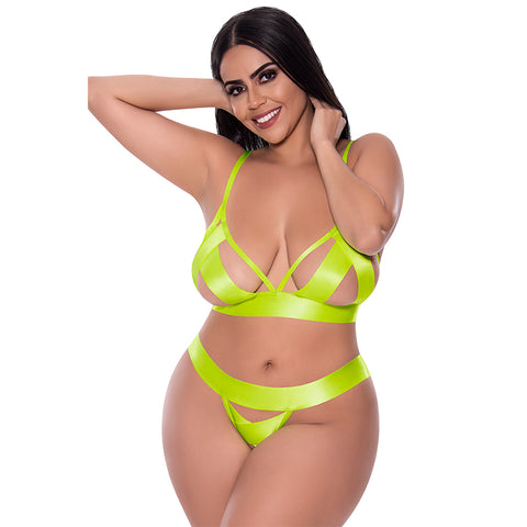 Strap Tease Bra & Crotchless Panty Set Yellow