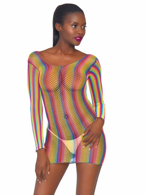 Rainbow fishnet long sleeved mini dress -O/S