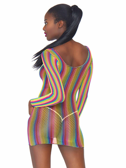 Rainbow fishnet long sleeved mini dress -O/S