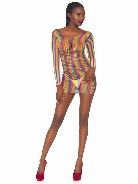 Rainbow fishnet long sleeved mini dress -O/S