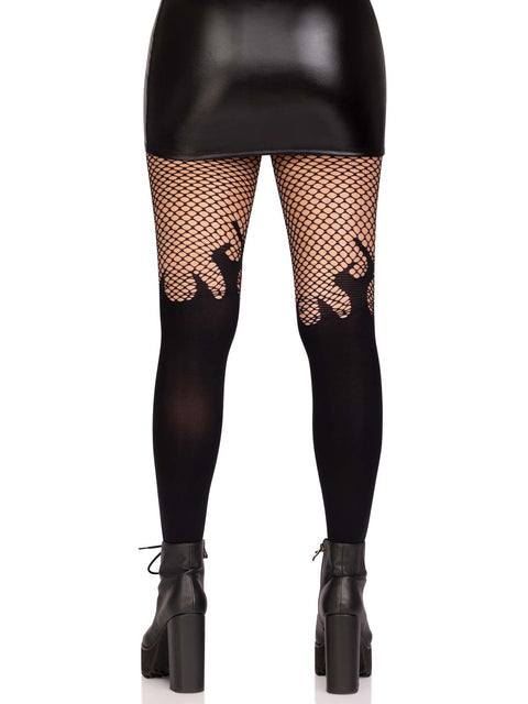 Opaque flame tights with fishnet top