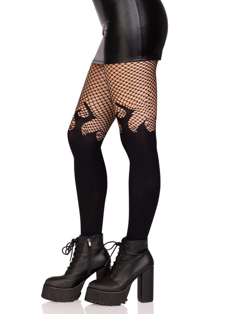 Opaque flame tights with fishnet top