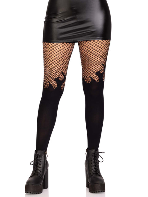 Opaque flame tights with fishnet top