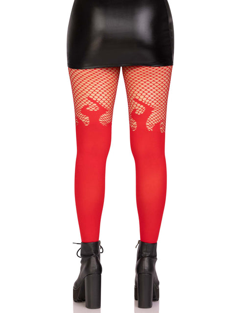 Opaque flame tights with fishnet top