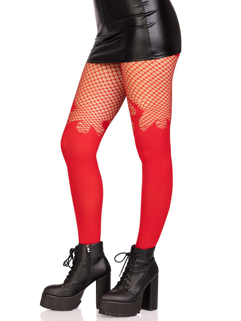 Opaque flame tights with fishnet top