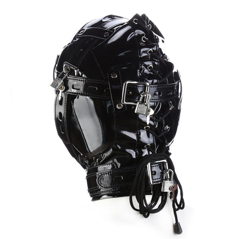 Hood Mask - Shiny Pleather Lace-Up Locking Hood Deprivation Mask with 1 Nose Hole Bondage & Restraints