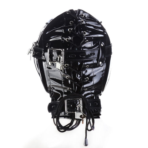 Hood Mask - Shiny Pleather Lace-Up Locking Hood Deprivation Mask with 1 Nose Hole Bondage & Restraints
