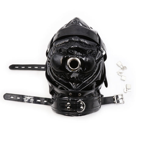 Hood Mask - Shiny Pleather Lace-Up Locking Hood Deprivation Mask with 1 Nose Hole Bondage & Restraints