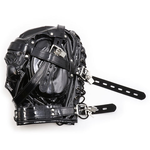 Hood Mask - Shiny Pleather Lace-Up Locking Hood Deprivation Mask with 1 Nose Hole Bondage & Restraints