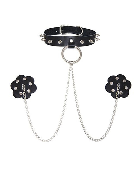 Neva Nude Burlesque Slave 4 U Chain Neck Choker Leather Reusable Silicone Nipztix - Black O/S