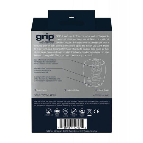 VeDO Grip Rechargeable Vibrating Sleeve - Just Black Dolls & Masturbators